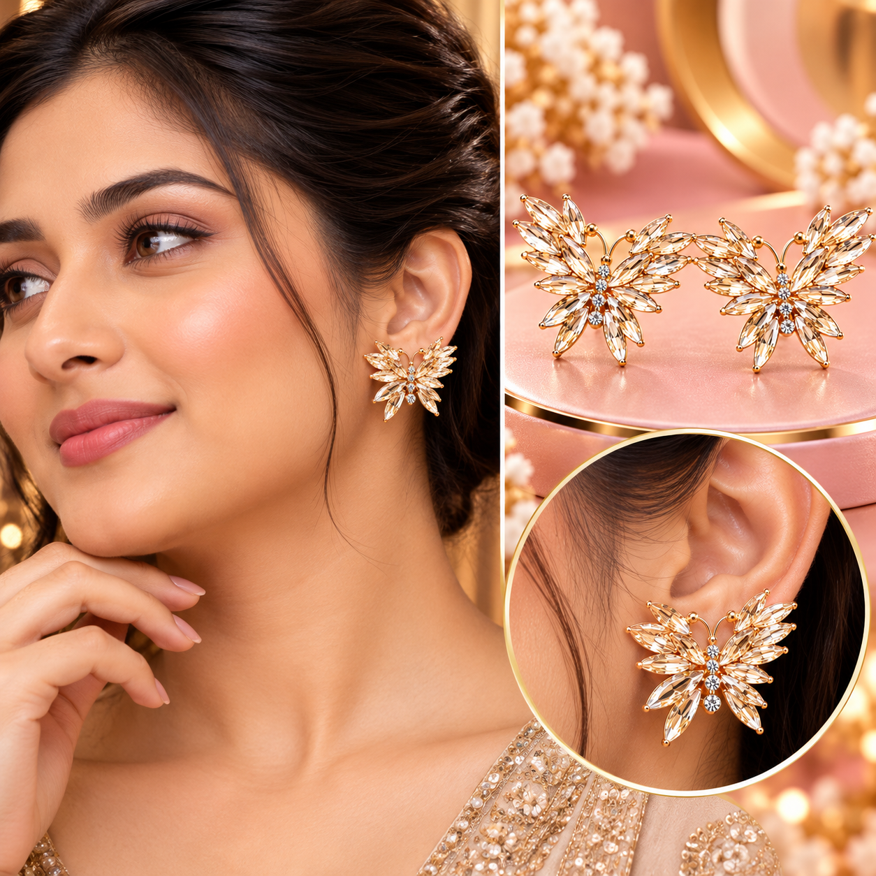Enchanted Golden Champagne Crystal Butterfly Stud Earrings